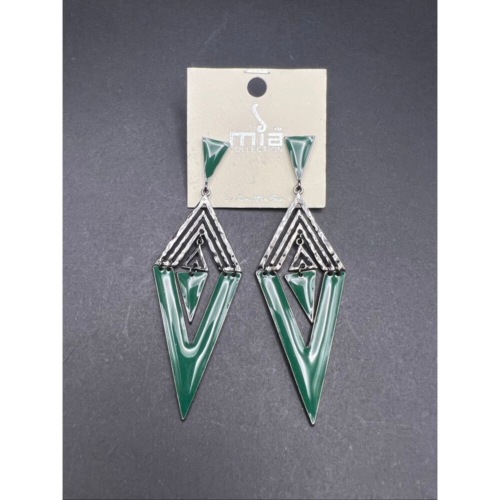 Mia Collection Black Forest Green Enamel Diamond Chevron Triangle Earrings
